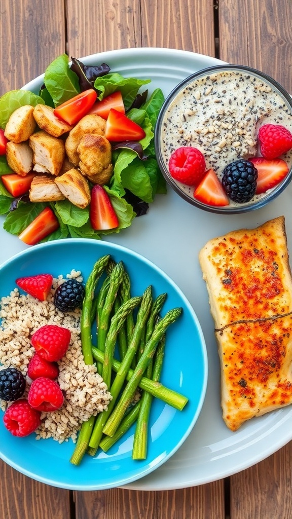 Low Carb 1200 Calorie Meal Ideas A selection of low carb meals including salad, chia pudding, and salmon on a wooden table.